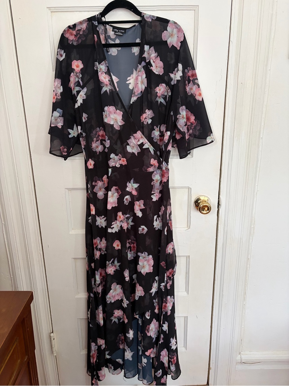 City Chic Black Maxi Dress with Pink Floral Print